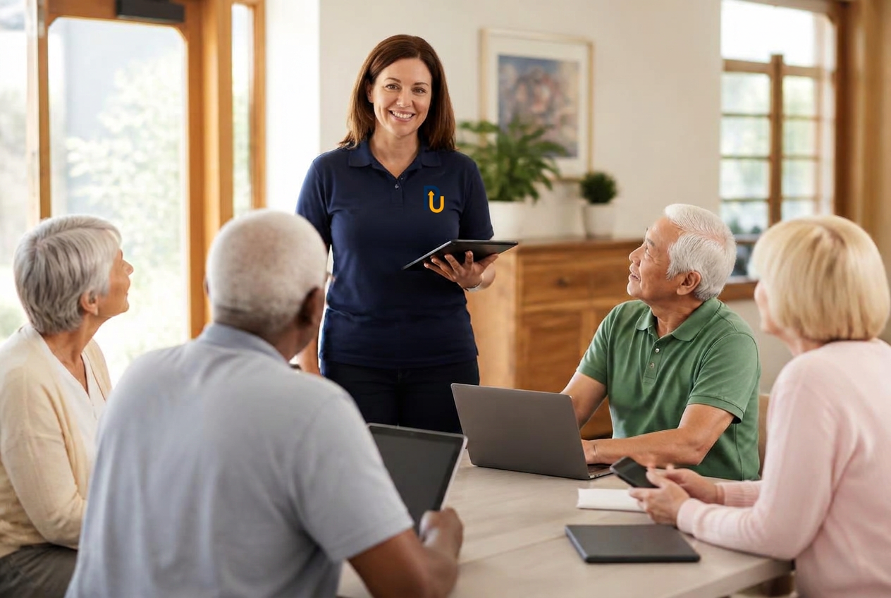 A bright modern community room where adults 60+ learn technology together at round tables with an instructor